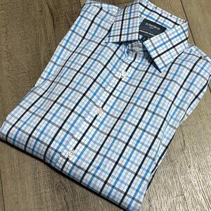 BONOBOS Stretch Men's Slim Fit Button Down Shirt Size 16/34 Blue White Plaid